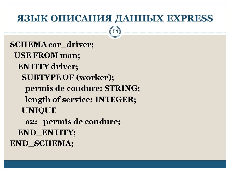 51 ЯЗЫК ОПИСАНИЯ ДАННЫХ EXPRESS SCHEMA car_driver;   USE FROM man;  